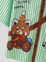 Men's Japanese Vintage Vertical Stripe Cartoon Bear Print Contrast Lapel Short Sleeve Shirt SKUL59664