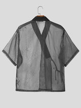 Men's Avant-Garde Sheer Organza Stripe Cross Wrap Tie Side V-Neck Cardigan SKUL62036