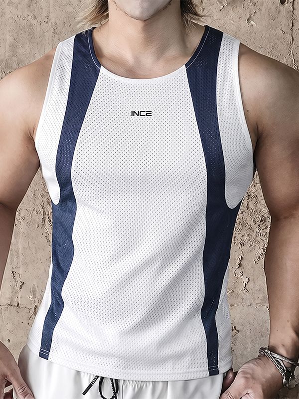 Men's Athletic Workout Contrast Color Breathable Mesh Crew Neck Fit Tank SKUL73593