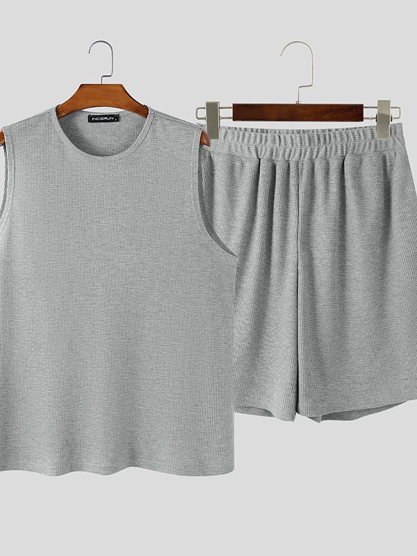 Men's Minimalist Textured Casual Two Pieces Outfit SKUL45251