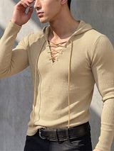 Men's Early Autumn High Street Grommet Drawstring Rib-Knit Long Sleeve T-shirt SKUL81819