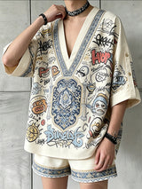 Men's High-Street Avant-Garde Graffiti Print Loose Short Sleeve Shirt SKUL70363