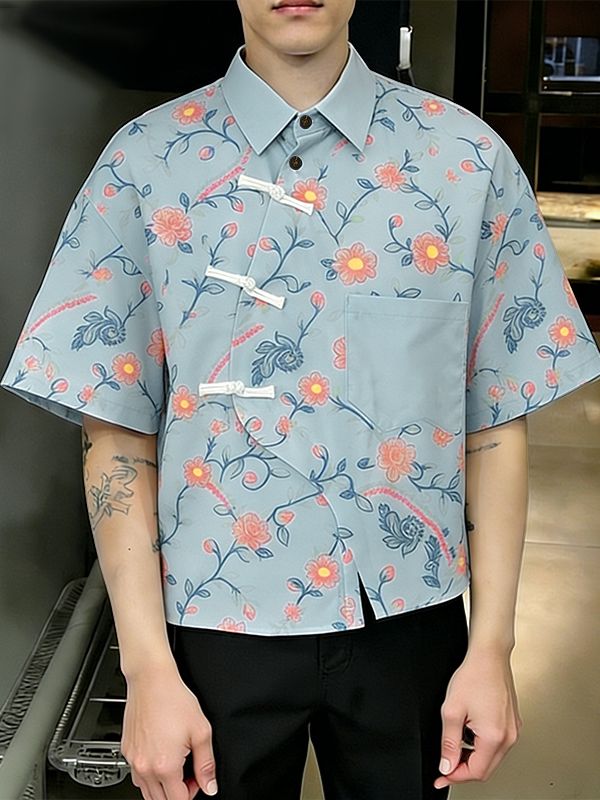 Men's Asymmetrical Vintage Floral Print Frog Button Boxy Shirt SKUL60912