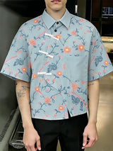 Men's Asymmetrical Vintage Floral Print Frog Button Boxy Shirt SKUL60912