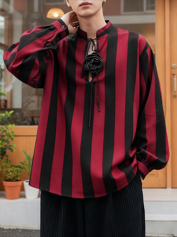 Men's 3D Floral Patchwork Striped Long Sleeve Shirt SKUL47790