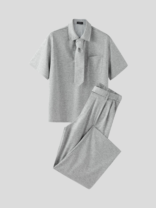 Men's Solid Color Tie Lapel Casual Two Pieces Outfit SKUL30323