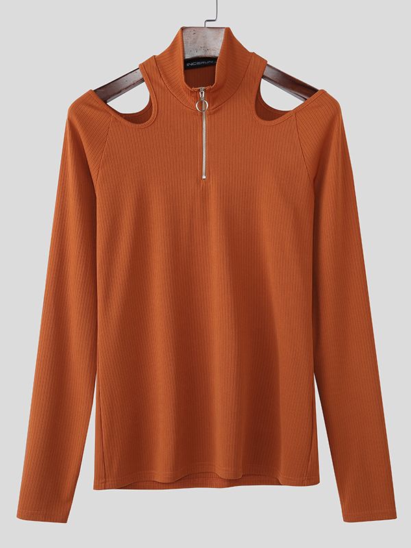Men's Cut-Out Design Zipper Long Sleeve T-shirt SKUL46434
