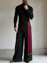 Men's Ribbon Tassel Patchwork Asymmetrical Hem High Neck Knitted T-shirt SKUL43939