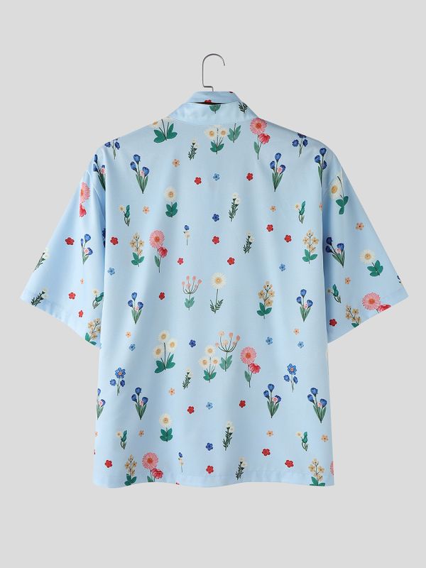 Men's French Romantic Pastoral Floral Print Short Sleeve Shirt SKUL73513
