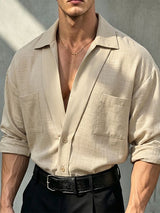 Men's Retro Urban Casual Textured Patch Pocket Drop Shoulder Long Sleeve Camp Collar Shirt SKUL81830