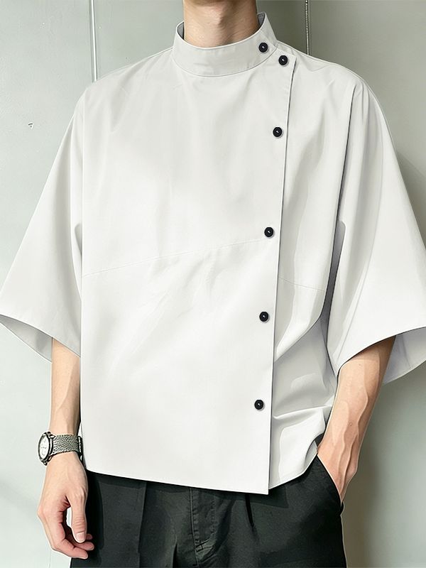 Men's Asymmetrical Side-Fastening High-Collar Boxy Shirt SKUL60115