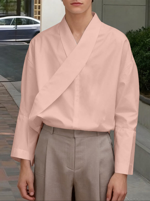 Men's Solid Color Asymmetric Placket Long Sleeve Shirt SKUL46085