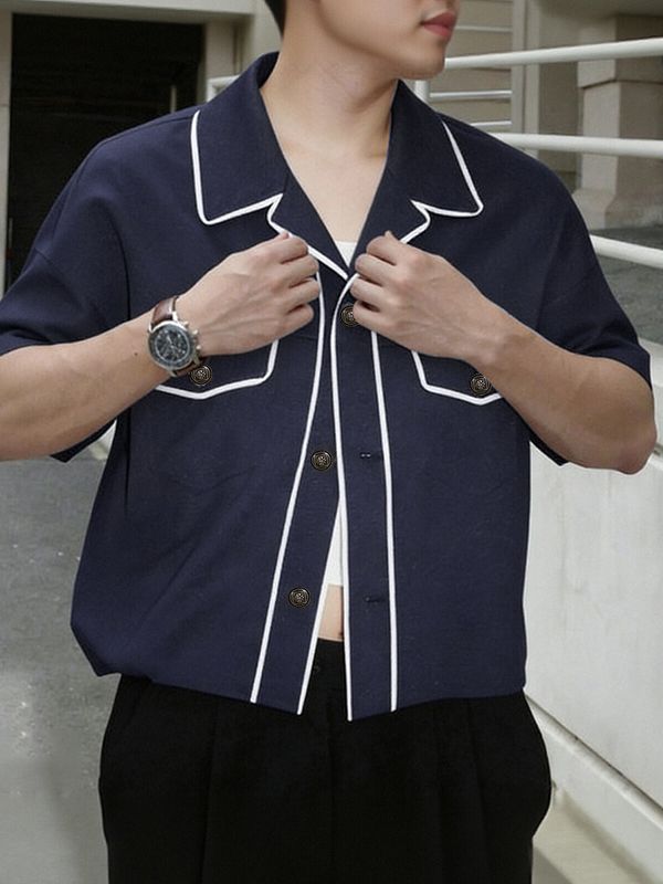 Men's Retro Camp Collar Piping Detail Boxy Short Sleeve Shirt SKUL60610