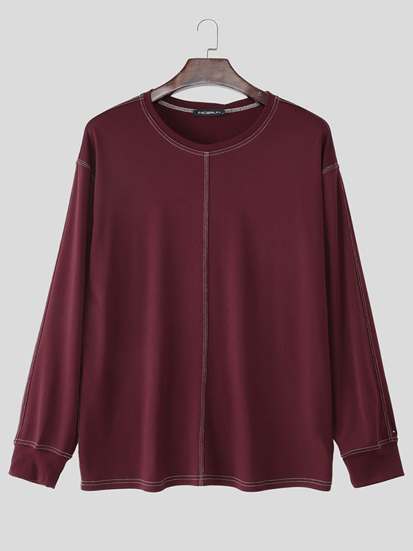 Men's Minimalist Contrast Loose Long Sleeve T-Shirt SKUL30786