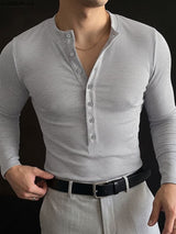 Men's Smart Chic Daily Commute Multi-Button Stand Collar Textured Slim T-shirt SKUL84625