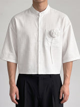 Men's Retro Resort Floral Applique Pocket Feel Drop Shoulder Half Sleeve Band Collar Shirt SKUL81852