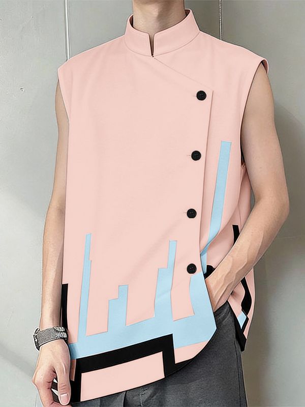Men's Cyberpunk Pixel Geometric Block Asymmetric Diagonal Button Stand Collar Sleeveless Shirt SKUL61095