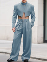 Men's Striped Stand Collar Cropped Two Pieces Outfit SKUL32776