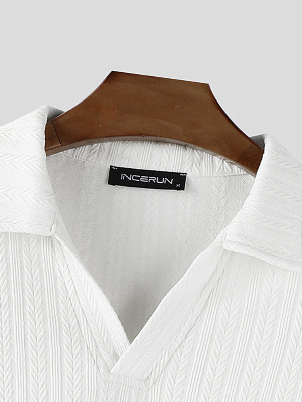 Men's Solid Color Textured Lapel Long Sleeve Shirt SKUL31645