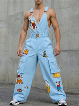Men's Avant-Garde Cartoon Graphic Print Deep V-Neck Wide-Leg Cargo Jumpsuit SKUL65257