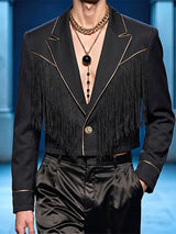 Men's Avant-Garde Runway Western Fringe Gold Piping Single Button Long Sleeve Cropped Blazer SKUL81155