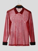 Men's Avant-Garde Sheer Mesh Contrast Collar Long Sleeve Shirt SKUL77323