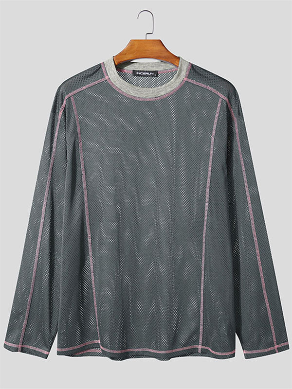 Men's Mesh Hollow Out Color Block Long Sleeve T-Shirt SKUL33866