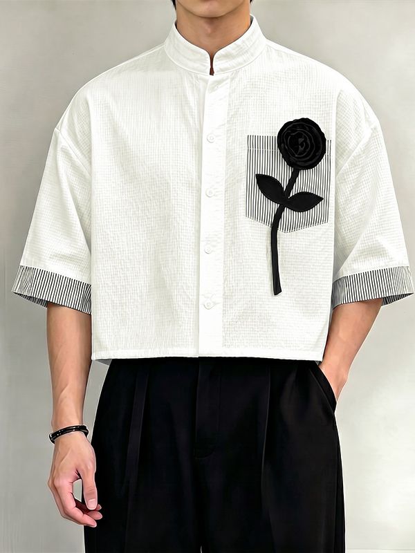 Men's Vintage Casual Rose Applique Stripe Patchwork Cropped Half Sleeve Shirt SKUL75685
