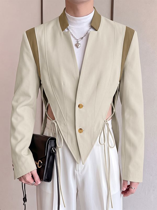 Men's Avant-Garde Deconstructed Stage Runway Side Cutout Strappy Tie Pointed Hem Blazer SKUL85227