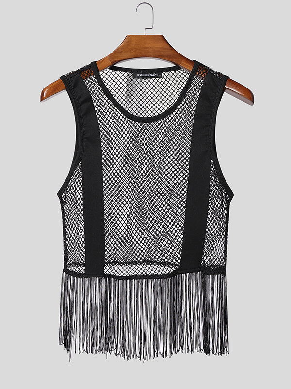 Men's See Through Mesh Long Tassel Fringe Cropped Tank SKUL57843