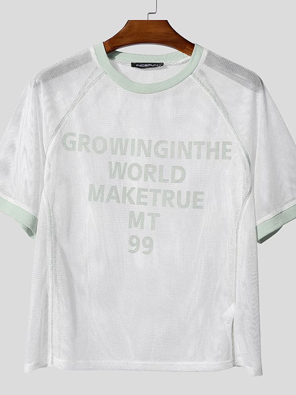 Men's Slogan Print Cut Out Color Block Short Sleeve T-shirt SKUL48724