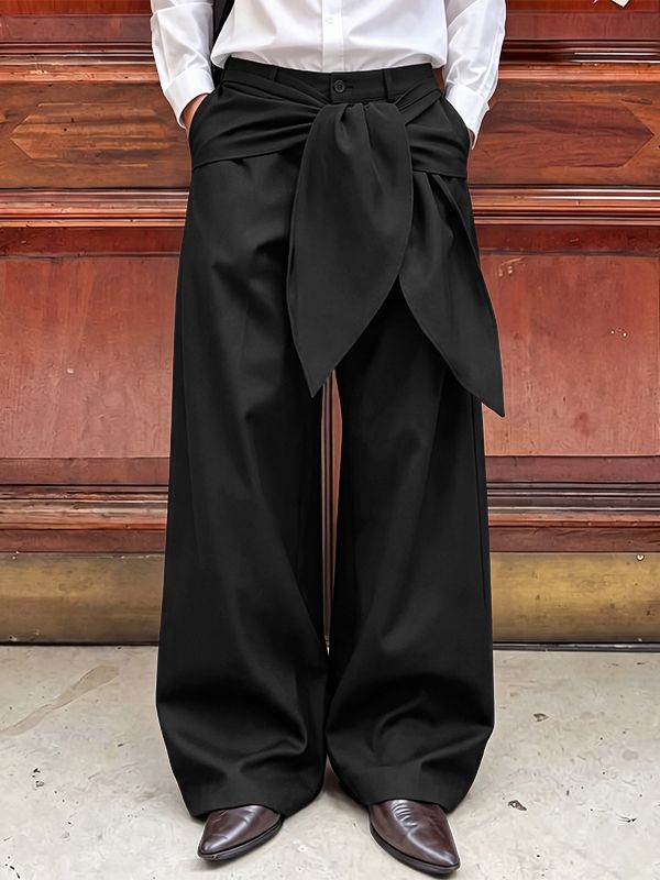 Men's Avant-Garde Runway Waist Tie-Up Ribbon Exaggerated Floor Length Wide Leg Pant SKUL83480