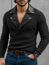 Men's Knit Textured Contrast Collar Long Sleeve Sweater SKUL45341