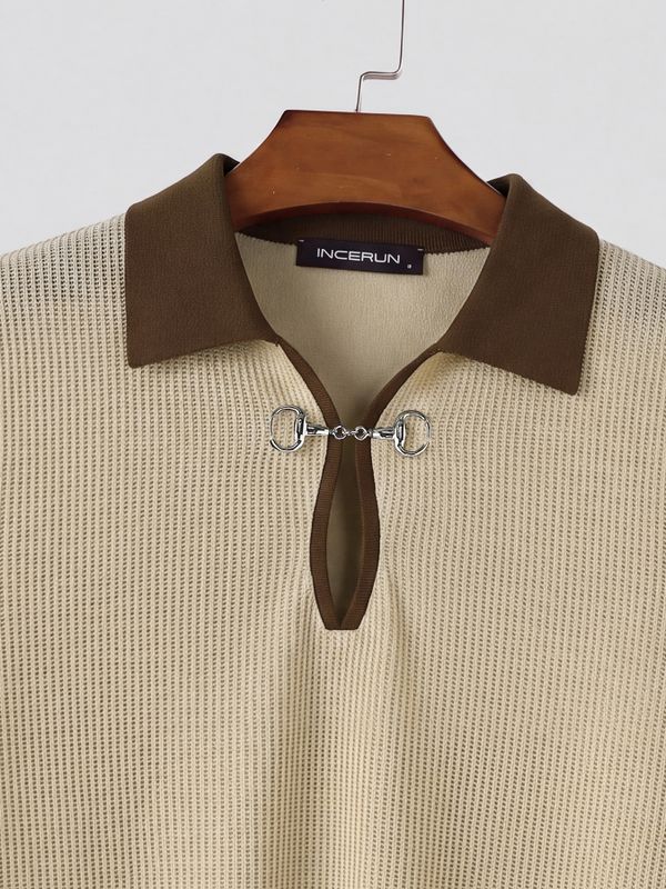 Men's Early Autumn Urban Casual Contrast Polo Metal Link Muscle Slim Long Sleeve Polo Collar Sweater SKUL81059