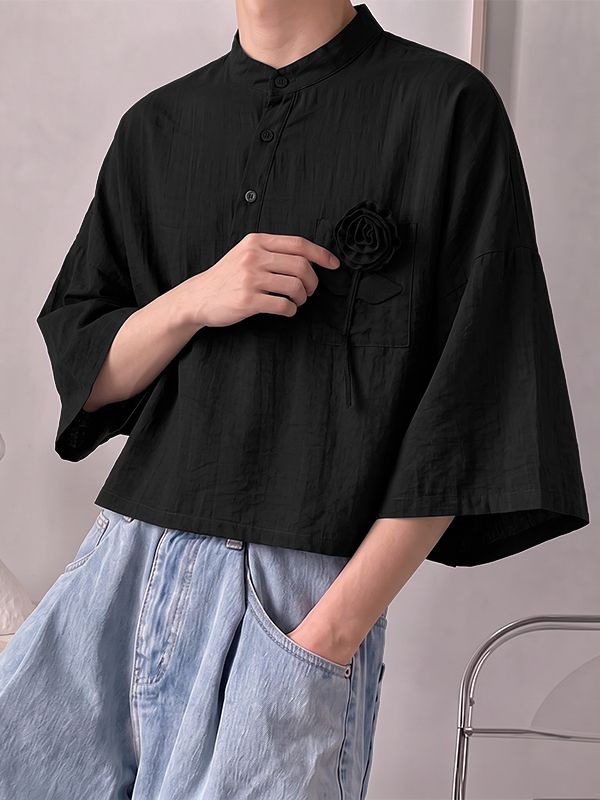 Men's Neo-Chinese Romantic Art Exhibition 3D Rose Flower Mandarin Collar Cropped Shirt SKUL85968