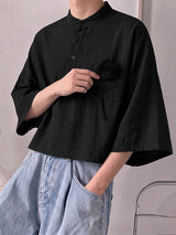 Men's Neo-Chinese Romantic Art Exhibition 3D Rose Flower Mandarin Collar Cropped Shirt SKUL85968