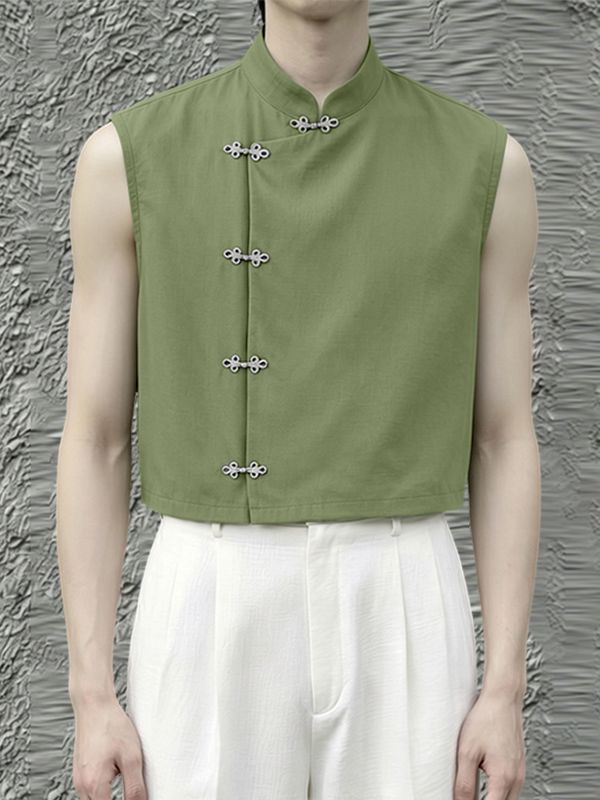 Men's New Chinese Style Side Frog Button Stand Collar Cropped Shirt SKUL60982