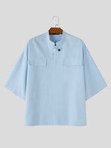 Men's Modern Chinoiserie Mock Neck Asymmetric Tab Button Utility Short Sleeve Shirt SKUL68246