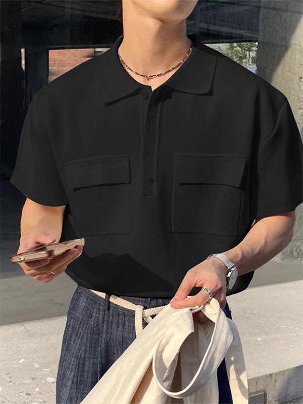 Men's Solid Color Knit Double Pocket Short Sleeve Shirt SKUL21109