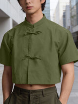 Men's New Chinese Style Frog Button Cropped Short Sleeve Shirt SKUL55599