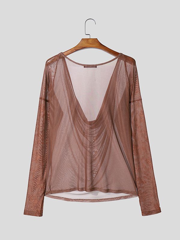 Men's Avant-Garde Draped Cowl Neck Floral Lace Sleeve Mesh T-shirt SKUL52648