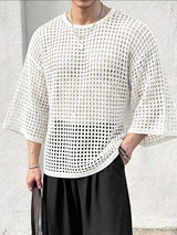 Men's Festival Fashion Crochet Hollow Out Oversized Dropped Shoulder Half Sleeve T-shirt SKUL55346