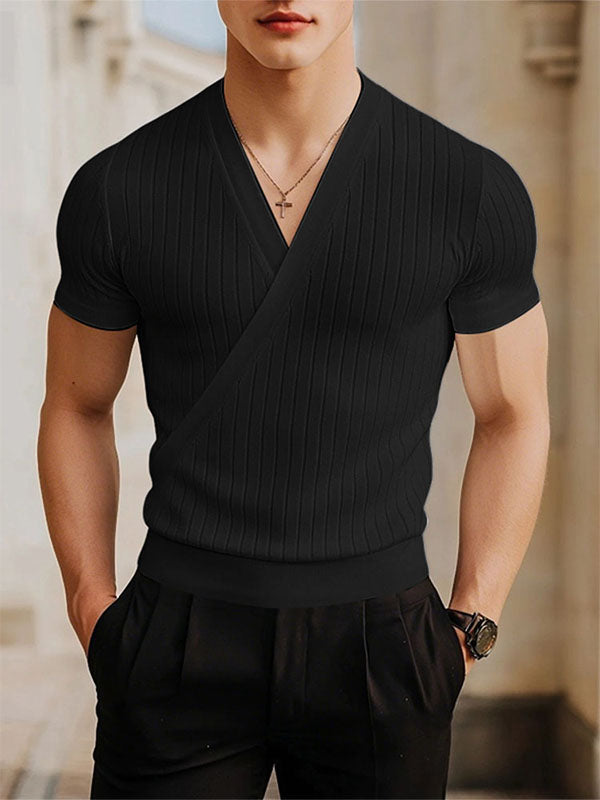 Mens Solid Color Textured V-Neck Short Sleeve T-Shirt SKUL17031