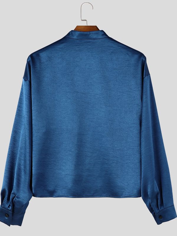 Men's Avant-Garde Gallery 3D Black Rose Applique Silky Satin Waist Length Long Sleeve Mandarin Collar Cropped Shirt SKUL82420