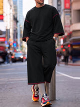 Men's Urban Streetwear City Walk Contrast Trim Oversized Drop-Shoulder Two Pieces Outfit SKUL84618