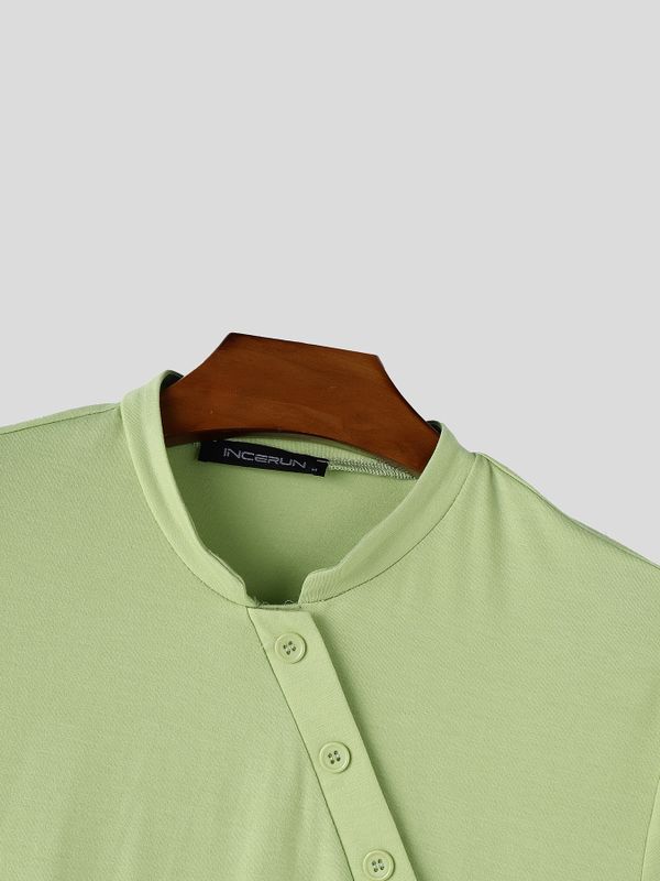 Men's Avant-Garde Asymmetric Diagonal Button Ruched Mock Neck Short Sleeve T-shirt SKUL66872