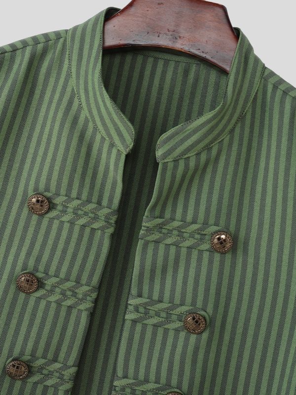 Men's Military Pinstripe Mandarin Collar Double-Breasted Waistcoat SKUL57694