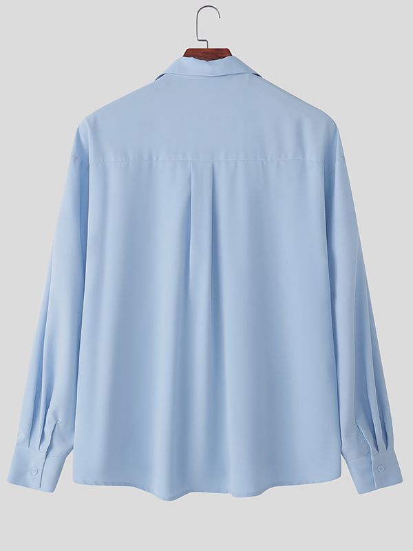 Men's Satin Embroidered Drawstring Loose Long Sleeve Shirt SKUL36381