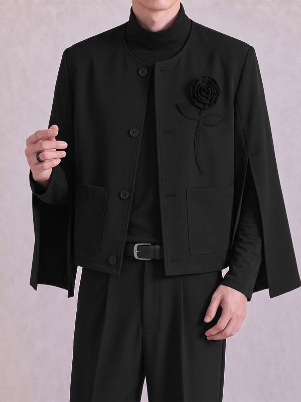 Men's Avant-Garde Chic Evening Gala 3D Rose Flower Slit Cape Sleeve Collarless Blazer SKUL86007