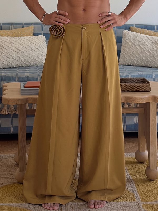 Men's Avant-Garde Party 3D Rose Flower Pleated Wide Leg Full Length Pant SKUL78125